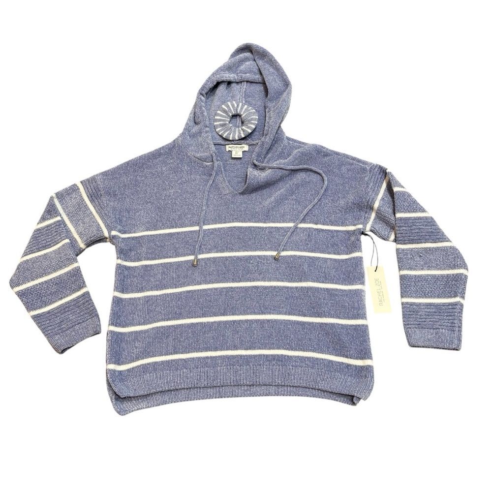 Rachel Zoe Blue Striped Chenille Sweater Hoodie & Scrunchie Set Size L NEW